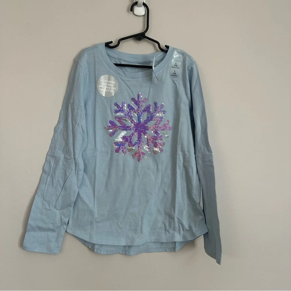 Gap Kids Blue Long Sleeve Flip Sequin Snowflake Crewneck Cotton Shirt Sz L 10